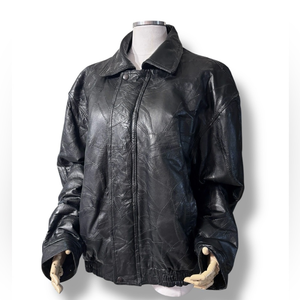Junction West Black Patchwork Leather Bomber Jack… - image 1